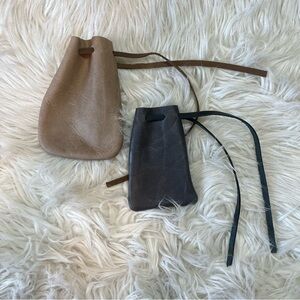 Set of 2 Raw Leather Cinch Tie Mini Stash Purse Trinket Bags — Taupe & Dark Gray